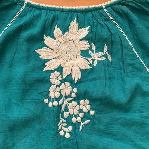 Sundance Teal Embroidered Naomi Isles Top Women’s PM Boho Balloon Sleeve - Picture 8 of 10